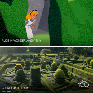 Imagine din filmul &quot;Alice in Wonderland&quot; (1951) și Great Foster UK, locul folosit drept inspirație
