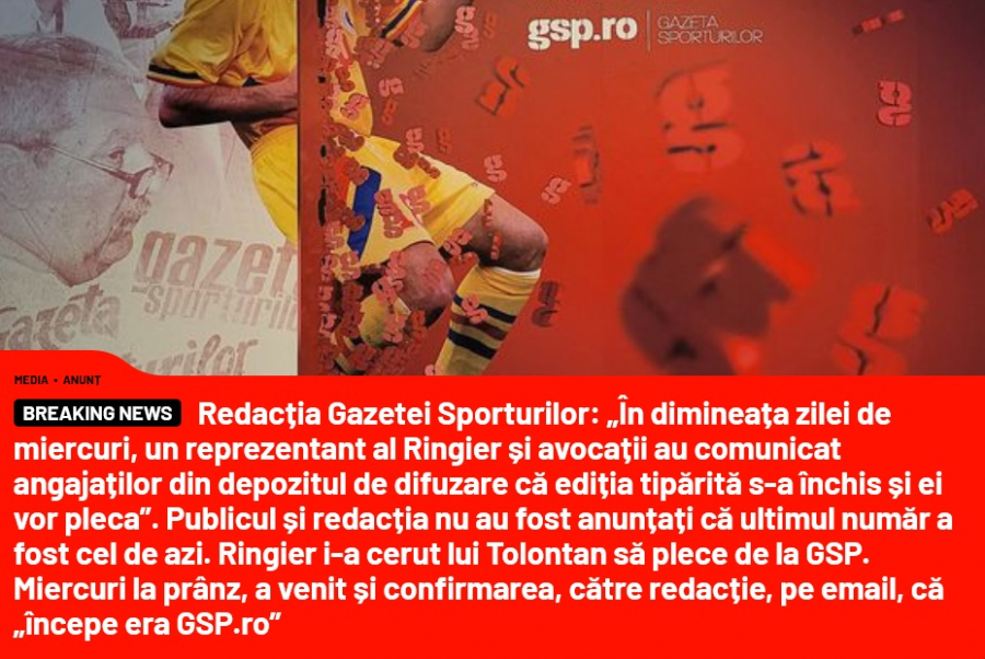 Ediția tipărită a Gazetei Sporturilor a fost închisă peste noapte