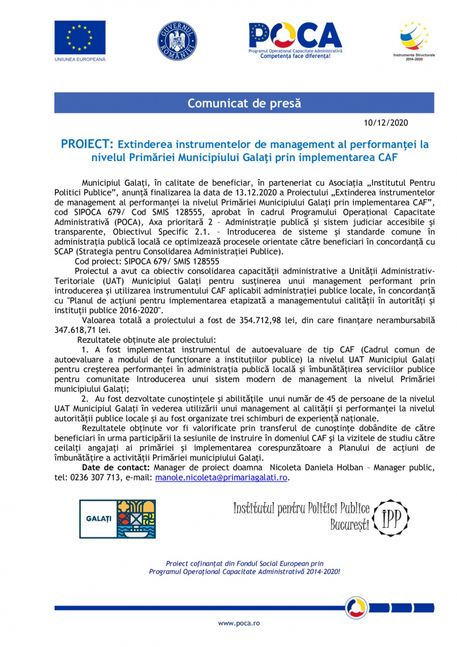 PROIECT: Extinderea instrumentelor de management al performanţei la nivelul Primăriei Municipiului Galaţi prin implementarea CAF