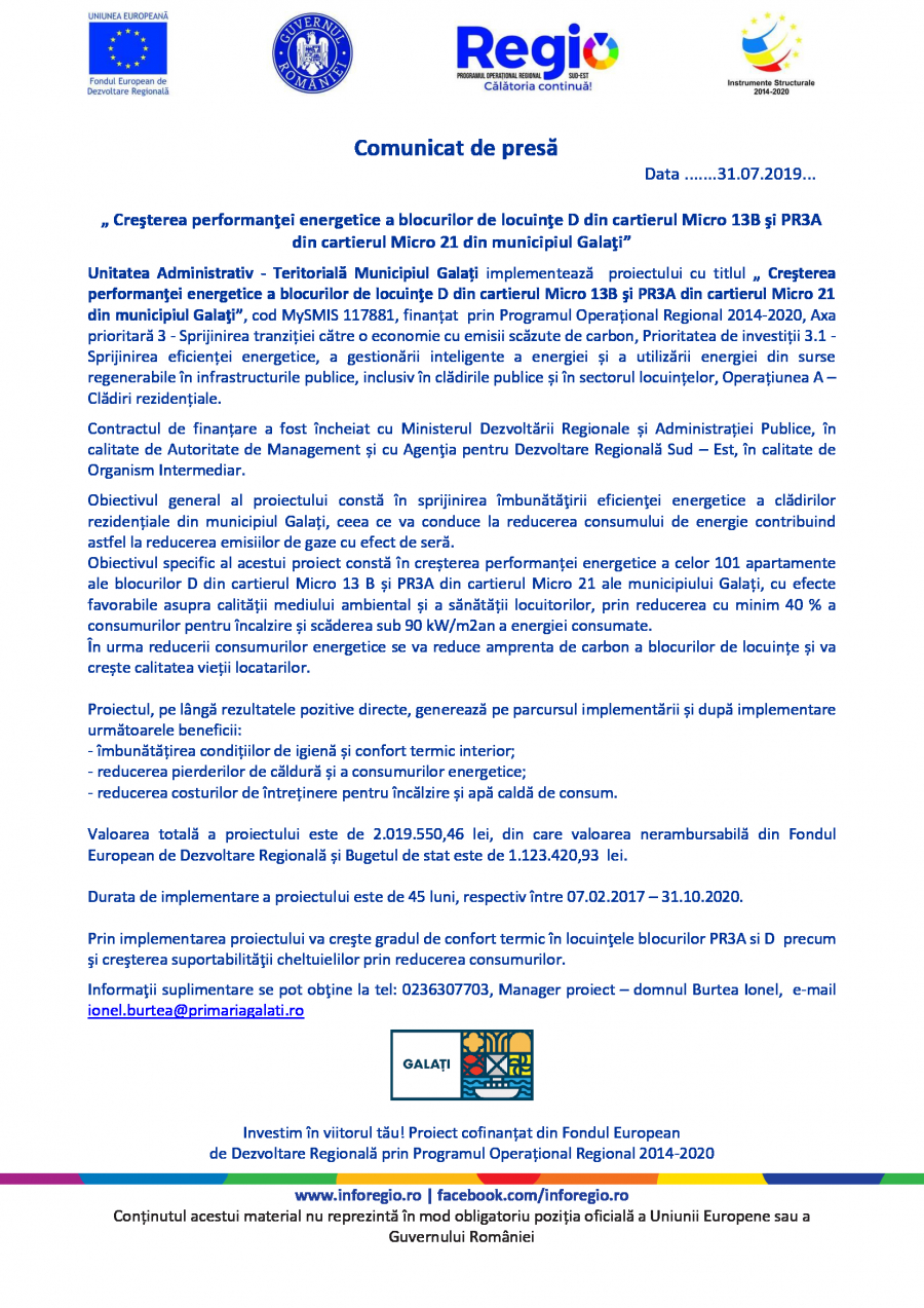 Creşterea performanţei energetice a blocurilor de locuinţe D din cartierul Micro 13B şi PR3A din cartierul Micro 21 din municipiul Galaţi