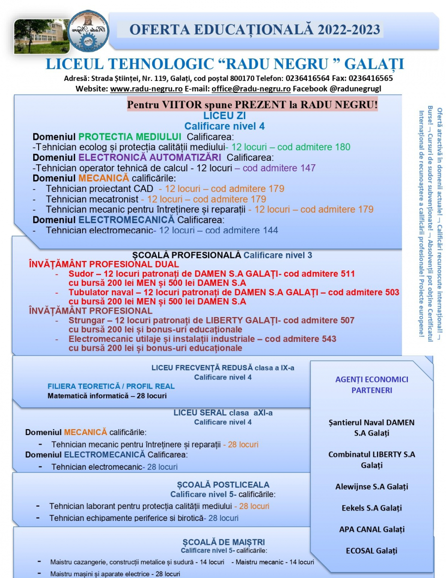 OFERTA EDUCAȚIONALĂ 2022-2023 a Liceului Tehnologic „Radu Negru” Galați