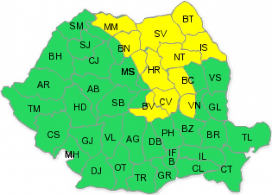 Cod galben de ploi şi ninsori în 12 judeţe din nordul, centrul şi estul ţării