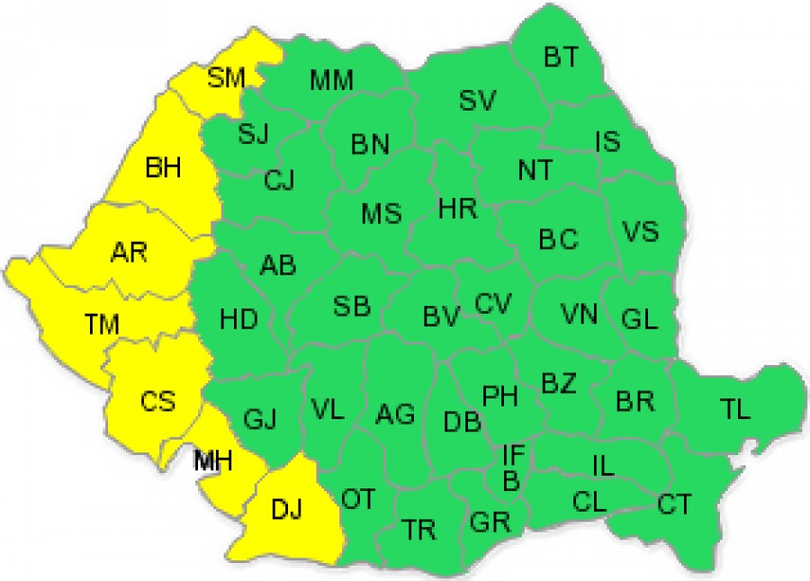 Cod galben de caniculă în şapte judeţe din vestul ţării, marţi şi miercuri