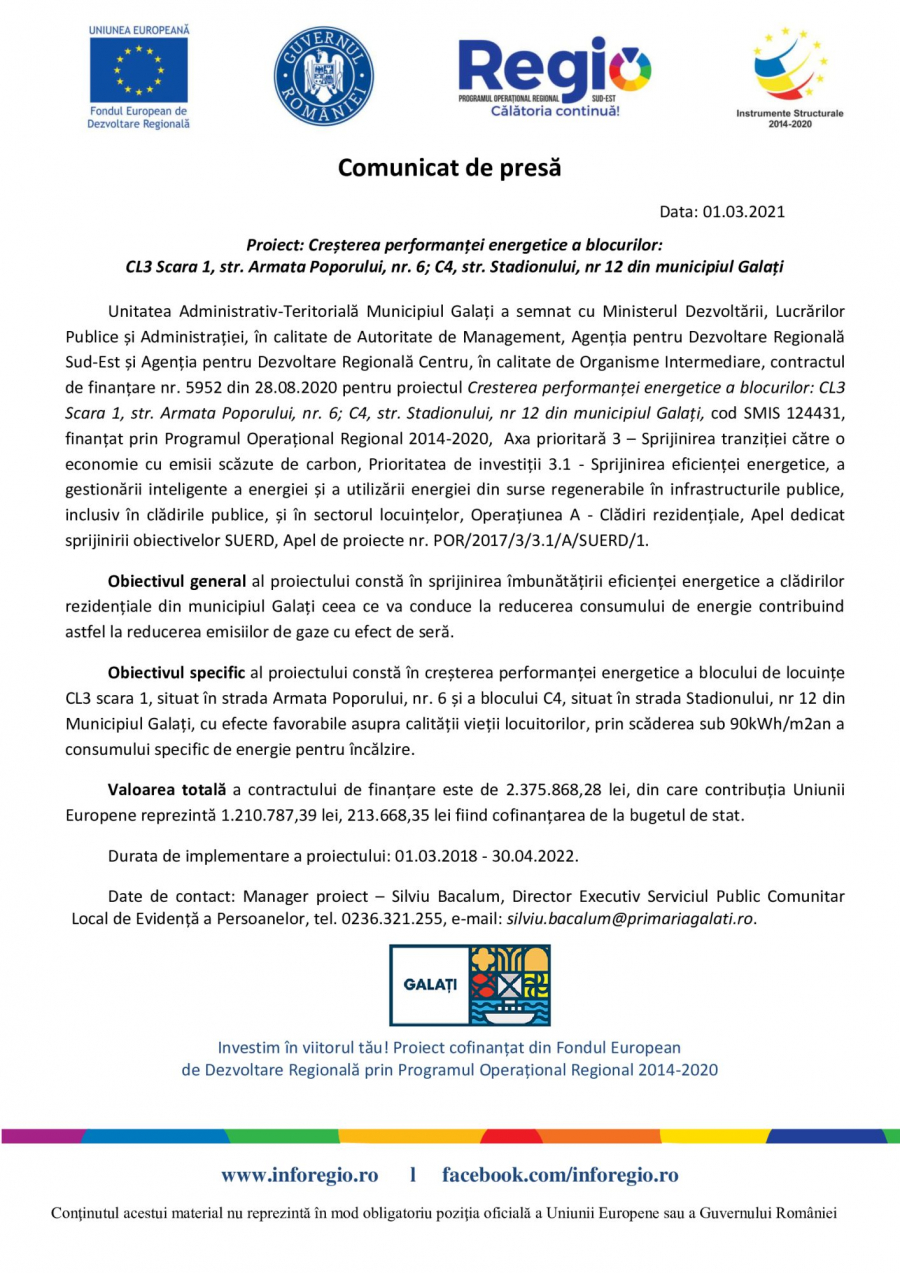 Proiect: Creșterea performanței energetice a blocurilor: CL3 Scara 1, str. Armata Poporului, nr. 6; C4, str. Stadionului, nr 12 din municipiul Galați