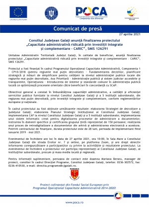 Consiliul Judeţean Galaţi anunță finalizarea proiectului „Capacitate administrativă ridicată prin investiții integrate și complementare – CARIC”, SMIS 126291