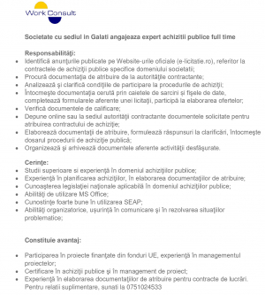 Societate cu sediul în Galați angajează expert achiziții publice full time