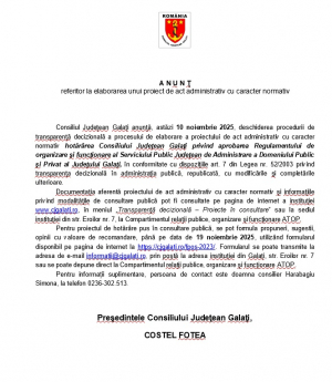ANUNŢ referitor la elaborarea unui proiect de act administrativ cu caracter normativ