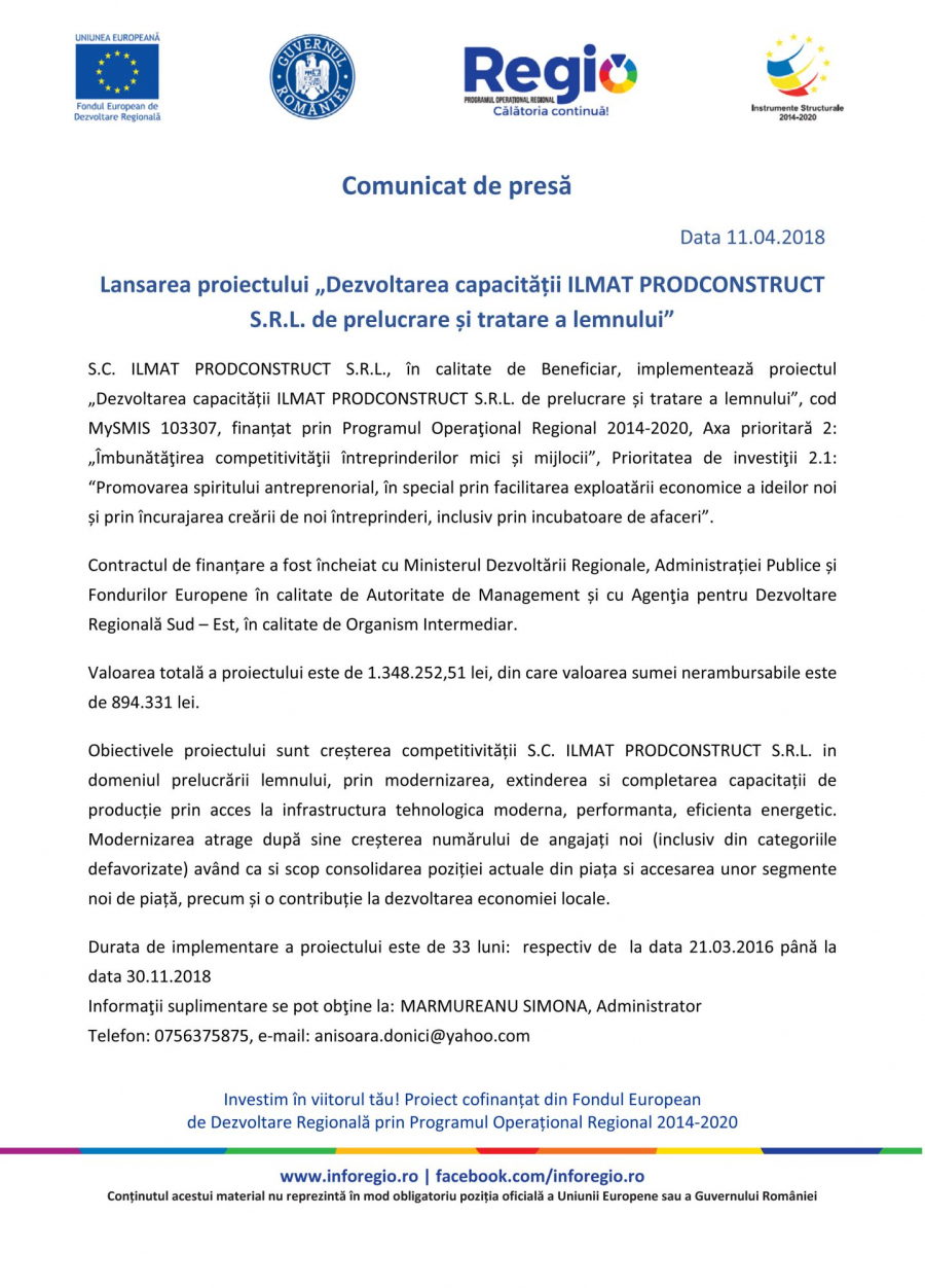 Lansarea proiectului Dezvoltarea capacității ILMAT PRODCONSTRUCT S.R.L. de prelucrare și tratare a lemnului