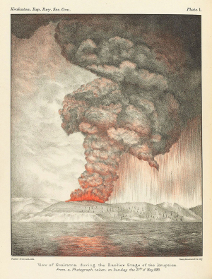 Litografie din 1888 a erupției vulcanului Krakatau