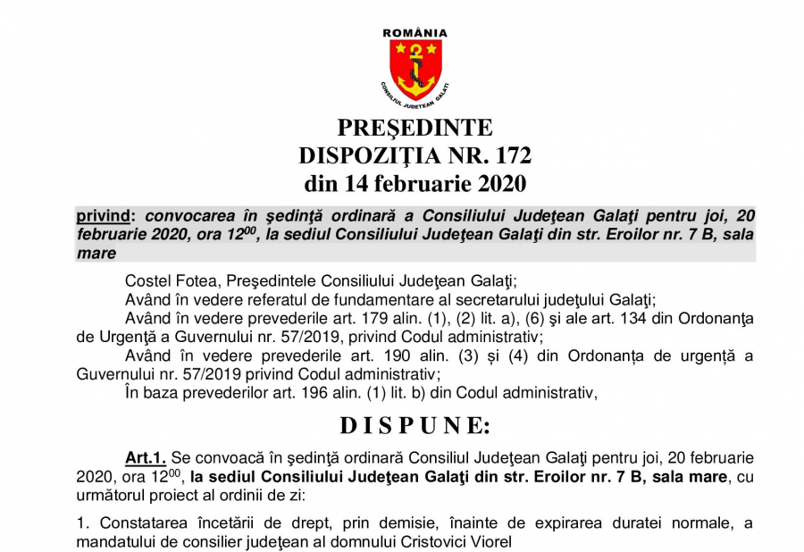 Convocarea în şedinţă ordinară a Consiliului Judeţean Galaţi