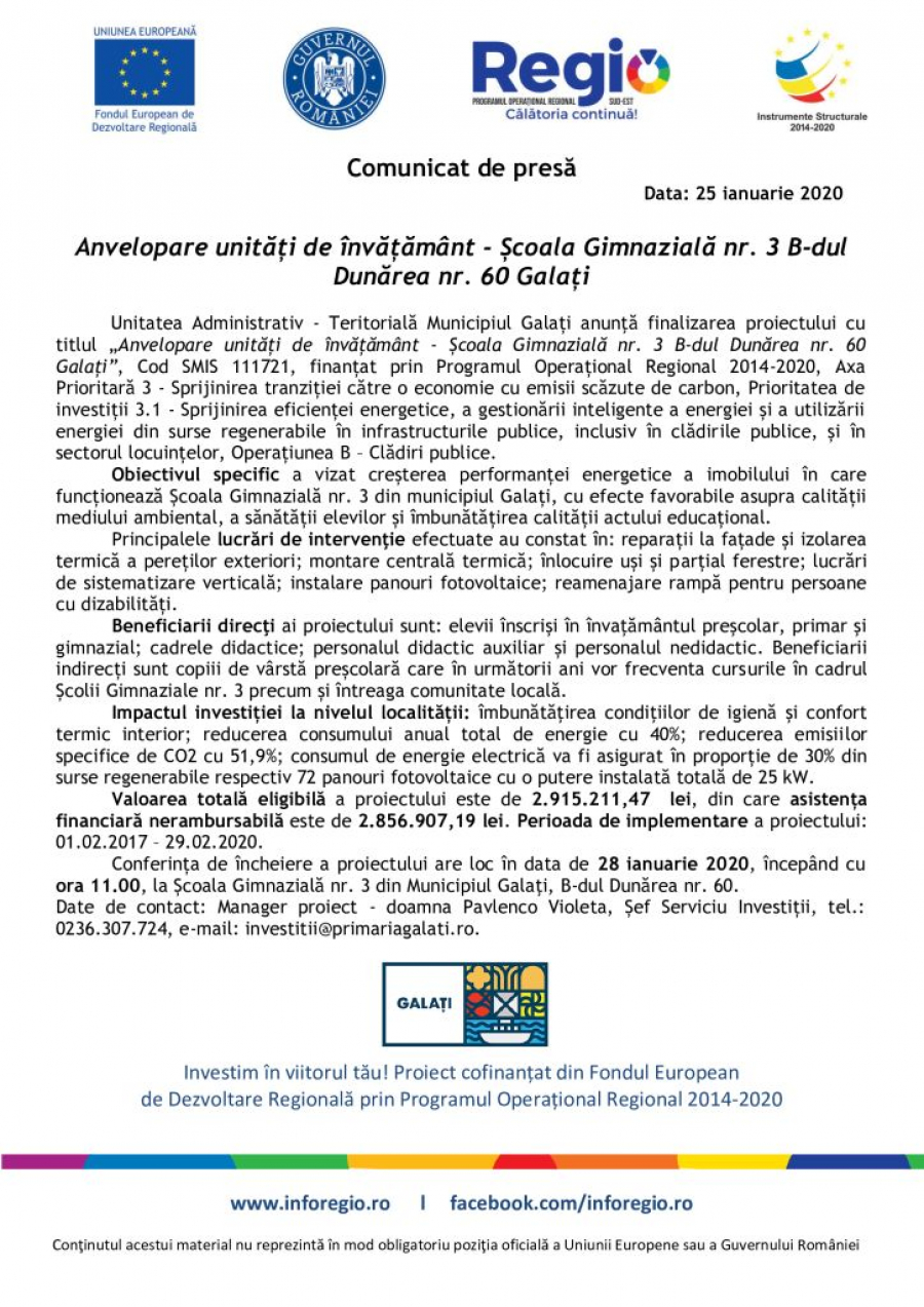 Anvelopare unități de învățământ - Școala Gimnazială nr. 3 B-dul Dunărea nr. 60 Galați