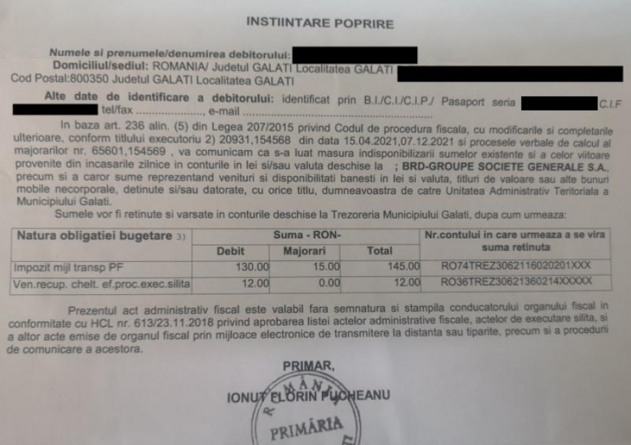 Peste 1.000 de gălăţeni s-au trezit cu popriri pentru impozite neplătite