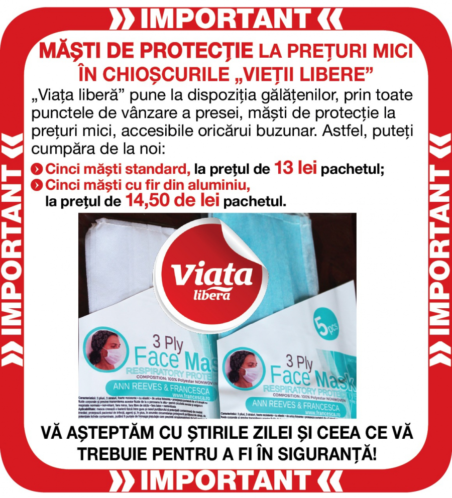 Măști de protecție la prețuri mici în chioșcurile ”Vieţii libere”