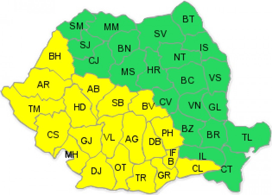 Avertizare cod galben de ploi şi vânt în Capitală şi 20 de judeţe din sud, vest şi centru