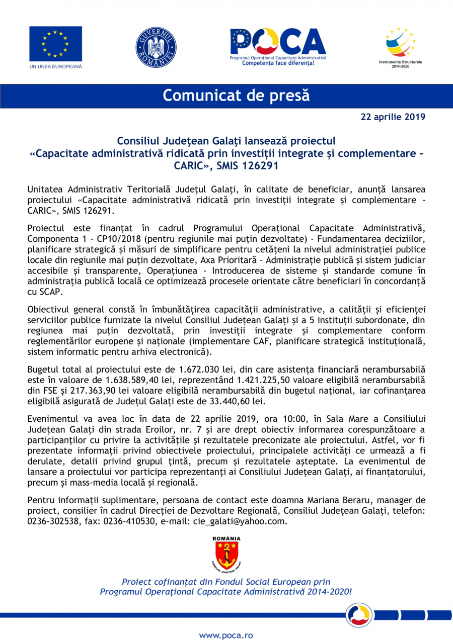 Consiliul Judeţean Galaţi lansează proiectul «Capacitate administrativă ridicată prin investiții integrate și complementare - CARIC», SMIS 126291