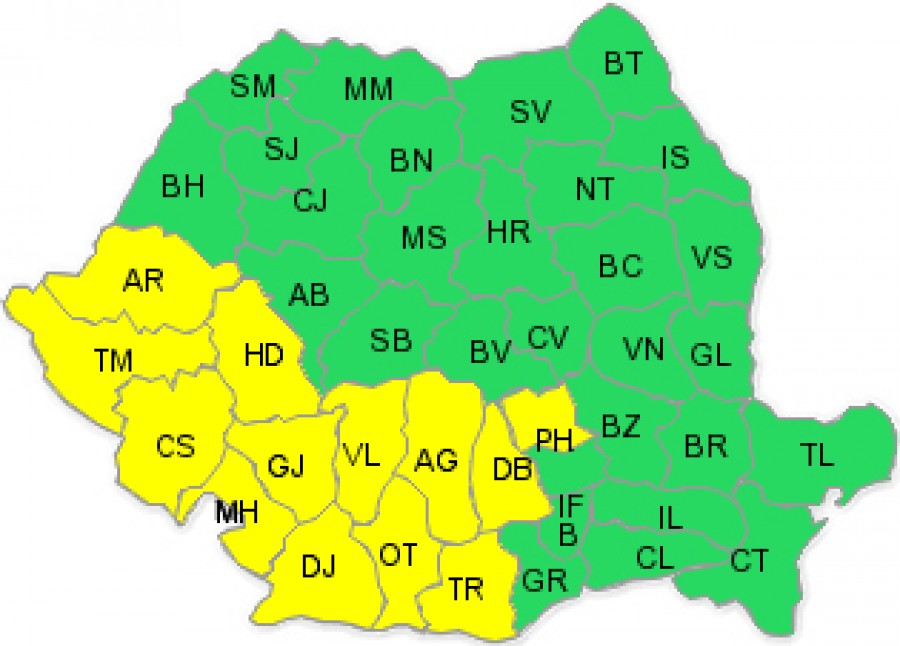 Atenţionare cod galben în sud-vestul României