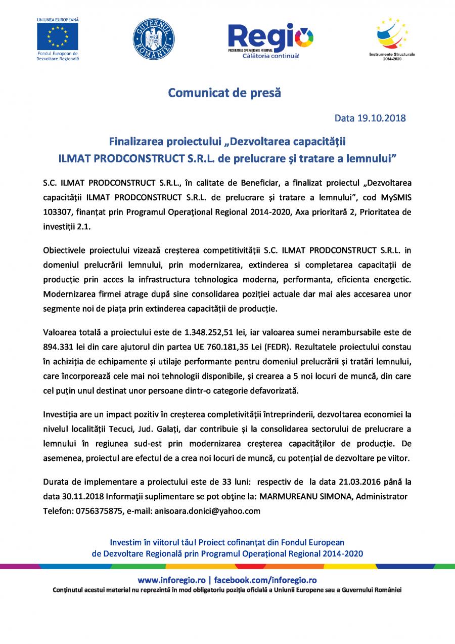 Finalizarea proiectului Dezvoltarea capacității ILMAT PRODCONSTRUCT S.R.L. de prelucrare și tratare a lemnului