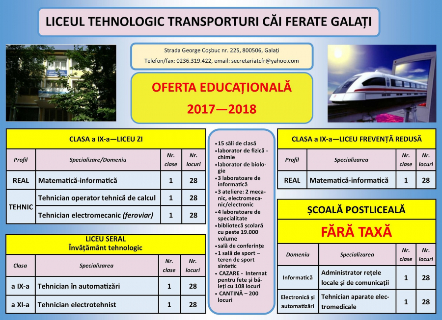 OFERTA EDUCAȚIONALĂ 2017-2018 a Liceului Tehnologic Transporturi Căi Ferate Galați