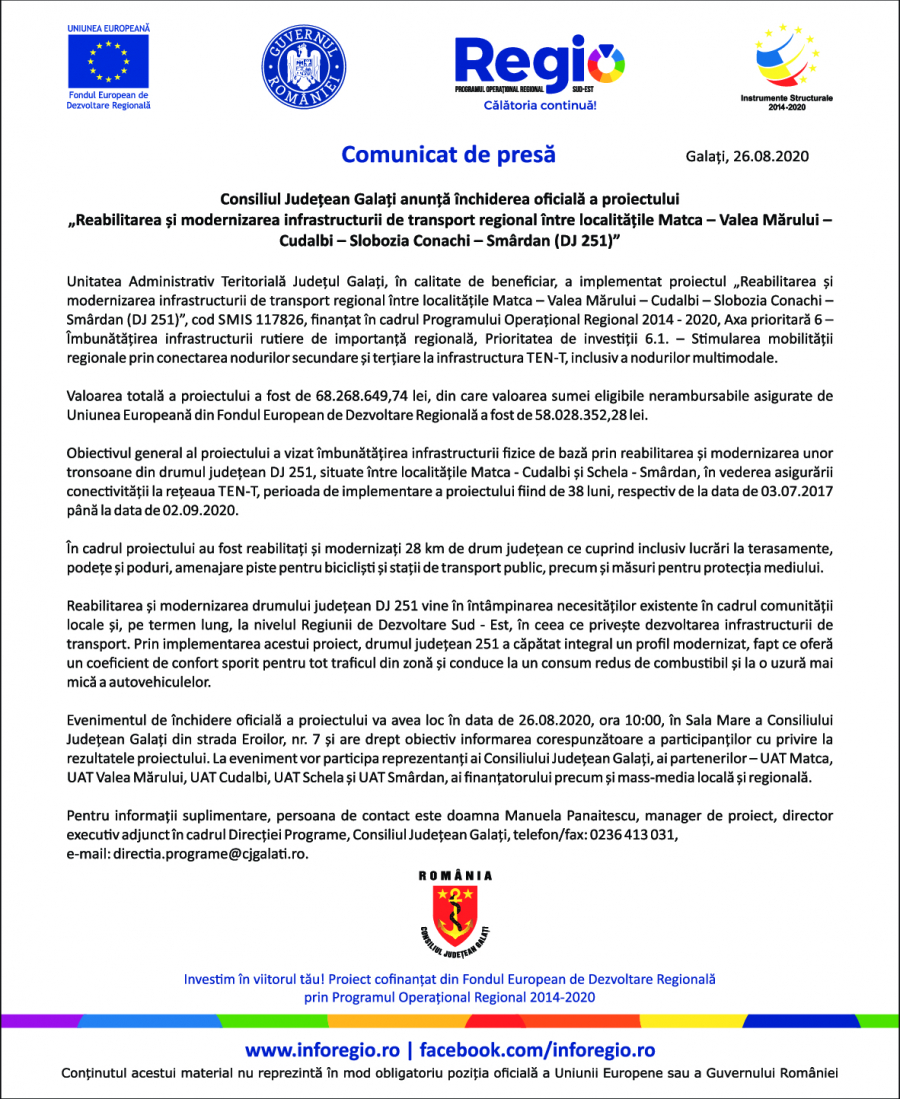 Consiliul Judeţean Galaţi anunță închiderea oficială a proiectului „Reabilitarea şi modernizarea infrastructurii de transport regional între localitățile Matca – Valea Mărului – Cudalbi – Slobozia Conachi – Smârdan (DJ 251)”