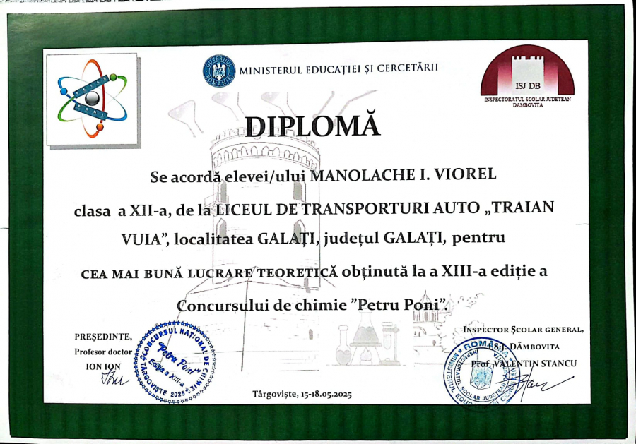Premiul I pentru Galați la concursul de chimie „Petru Poni”