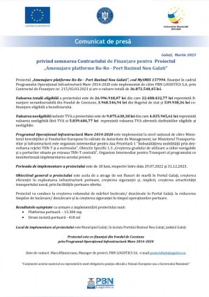 Semnare Contract de Finanțare pentru  Proiectul „Amenajare platforme Ro-Ro - Port Bazinul Nou Galati”