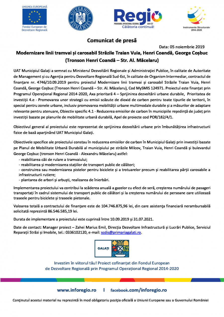 Modernizare linii tramvai și carosabil Străzile Traian Vuia, Henri Coandă, George Coșbuc (Tronson Henri Coandă – Str. Al. Măcelaru)