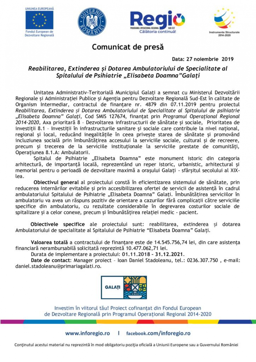 Lansare proiect privind reabilitarea, extinderea și dotarea Ambulatoriului de Specialitate al Spitalului de Psihiatrie „Elisabeta Doamna” Galați