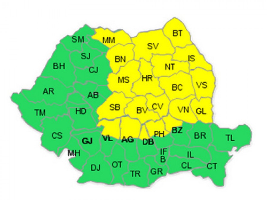 Judeţul Galaţi, sub avertizare cod galben de ploi, ninsori şi vânt puternic