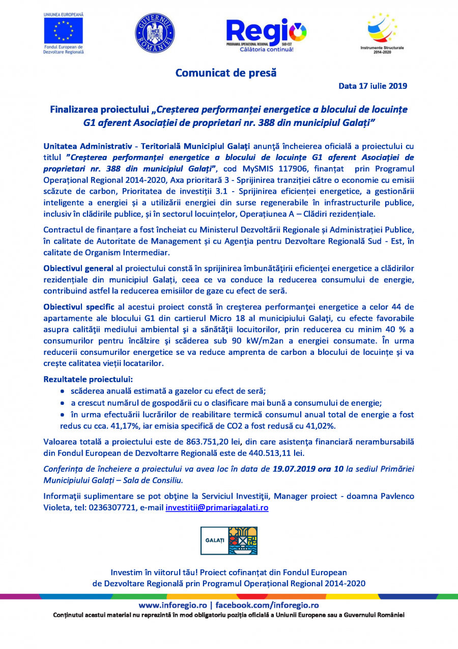 Finalizarea proiectului ”Creșterea performanței energetice a blocului de locuințe G1 aferent Asociației de proprietari nr. 388 din municipiul Galați”