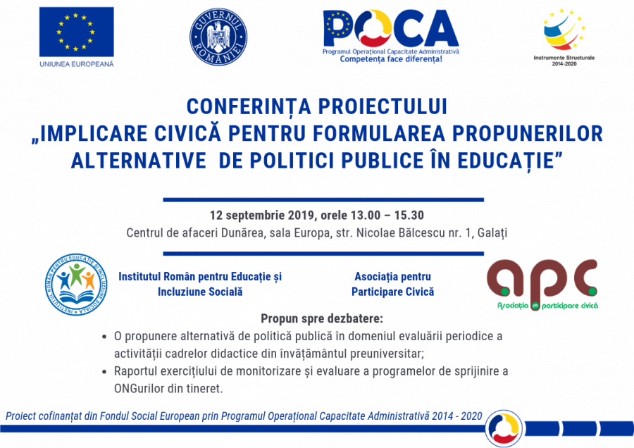 Conferința finală a proiectului ”Implicare civică pentru formularea propunerilor alternative de politici publice în educație”
