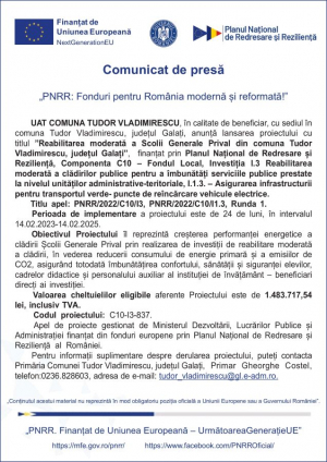Reabilitarea moderată a Scolii Generale Prival din comuna Tudor Vladimirescu, județul Galați