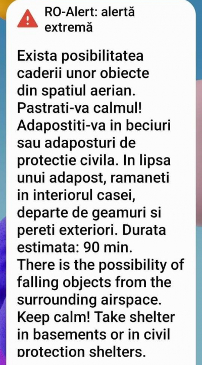 Mesaje RO-Alert în judeţul Galaţi. Avertizare despre posibilitatea căderii unor obiecte din spaţiul aerian