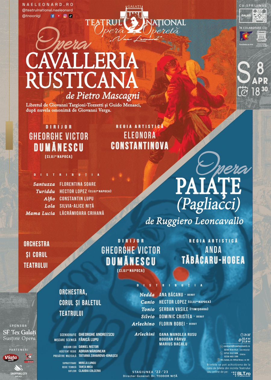 „Cavalleria rusticana” și „Paiațe”, sâmbătă, la Teatrul „Nae Leonard”