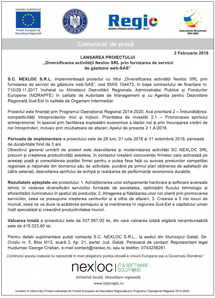 LANSAREA PROIECTULUI ”Diversificarea activității Nexloc SRL prin furnizarea de servicii de găzduire web-SAS”