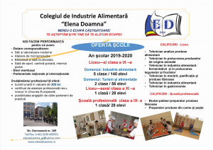 OFERTA EDUCAȚIONALĂ 2019-2020 a Colegiului de Industrie Alimentară ”Elena Doamna” din Galați