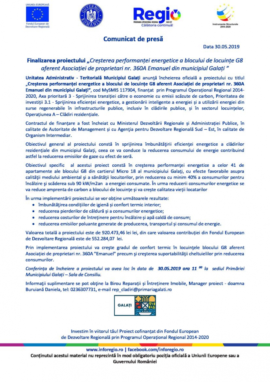 Finalizarea proiectului ”Creșterea performanței energetice a blocului de locuințe G8 aferent Asociației de proprietari nr. 360A Emanuel din municipiul Galați”