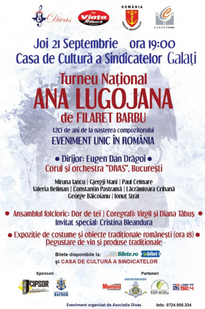 Asociația Divas vă invită să participați la deschiderea Turneului Național pentru promovarea culturii românești cu opereta ANA LUGOJANA de Filaret Barbu