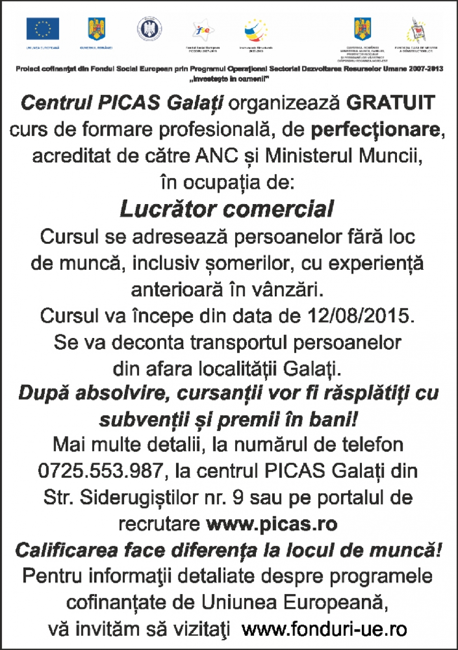 Centrul PICAS Galaţi organizează GRATUIT...