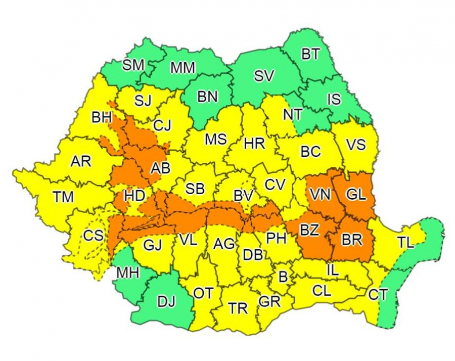 Cod portocaliu de ploi și cod galben de inundații în județul Galați