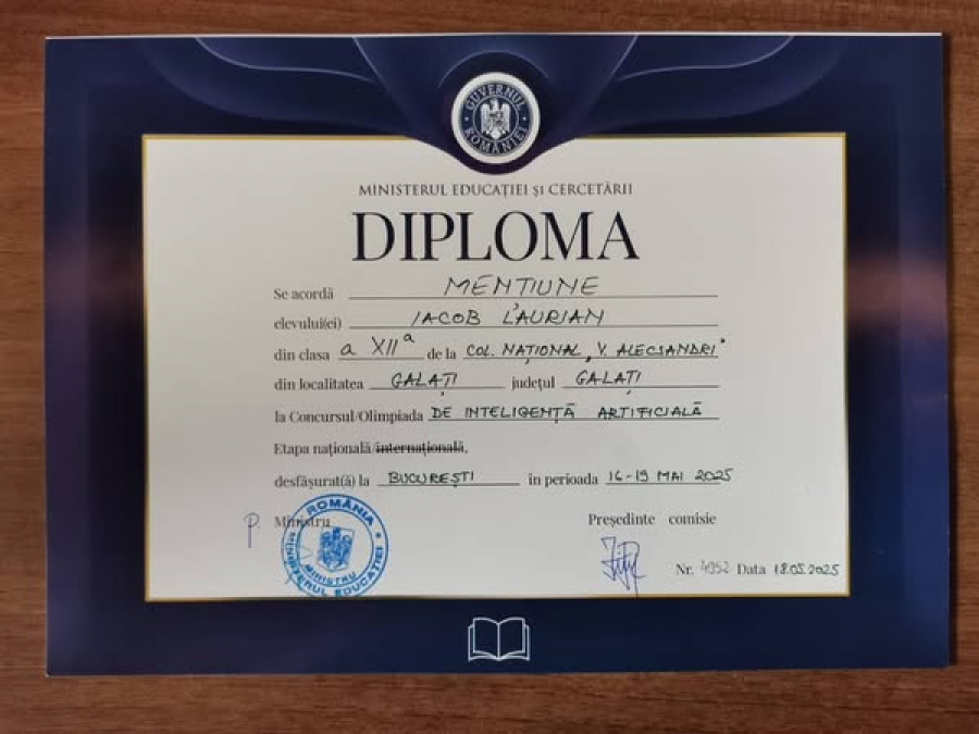 Premiu la Olimpiada Naţională de Inteligență Artificială