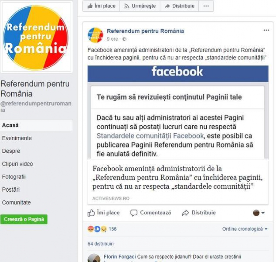 Pagina Facebook ”Referendum pentru România”, avertizată