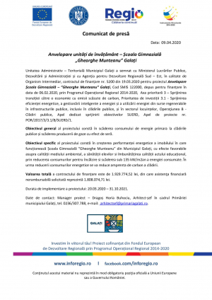 Anvelopare unități de învățământ – Școala Gimnazială „Gheorghe Munteanu” Galați