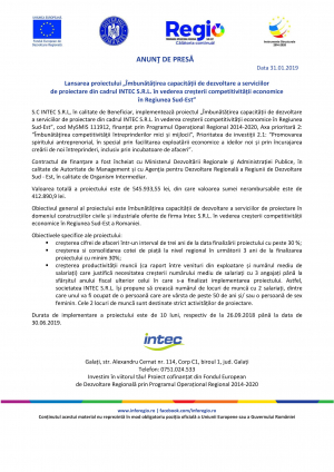 Lansarea proiectului Îmbunătățirea capacității de dezvoltare a serviciilor de proiectare din cadrul INTEC S.R.L. în vederea creșterii competitivității economice în Regiunea Sud-Est