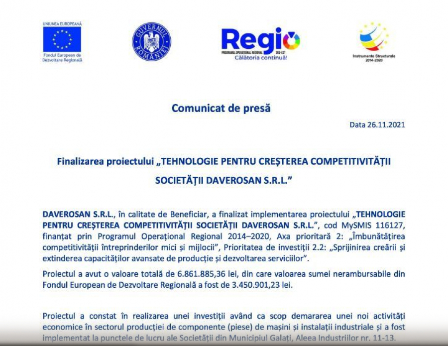 Finalizarea proiectului „TEHNOLOGIE PENTRU CREȘTEREA COMPETITIVITĂȚII SOCIETĂȚII DAVEROSAN S.R.L.”