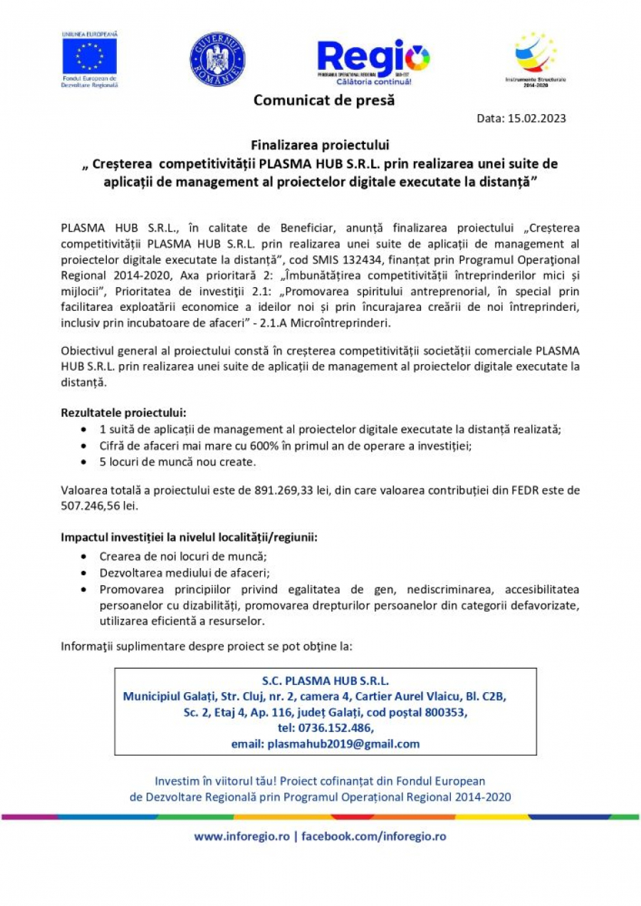 Finalizarea proiectului „Creșterea  competitivității PLASMA HUB S.R.L. prin realizarea unei suite de aplicații de management al proiectelor digitale executate la distanță"