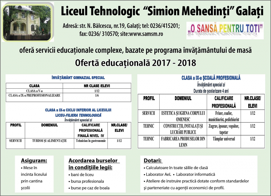OFERTA EDUCAȚIONALĂ 2017 a Liceului Tehnologic ”Simion Mehedinți” din Galați