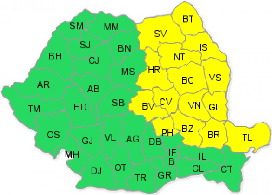 Cod galben de ploi şi grindină pentru judeţul Galaţi