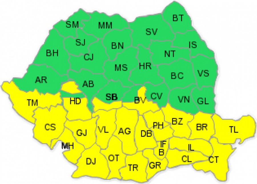 Atenţie la drum! Cod galben de ploi şi vânt puternic în 23 de judeţe din jumătatea de sud a ţării