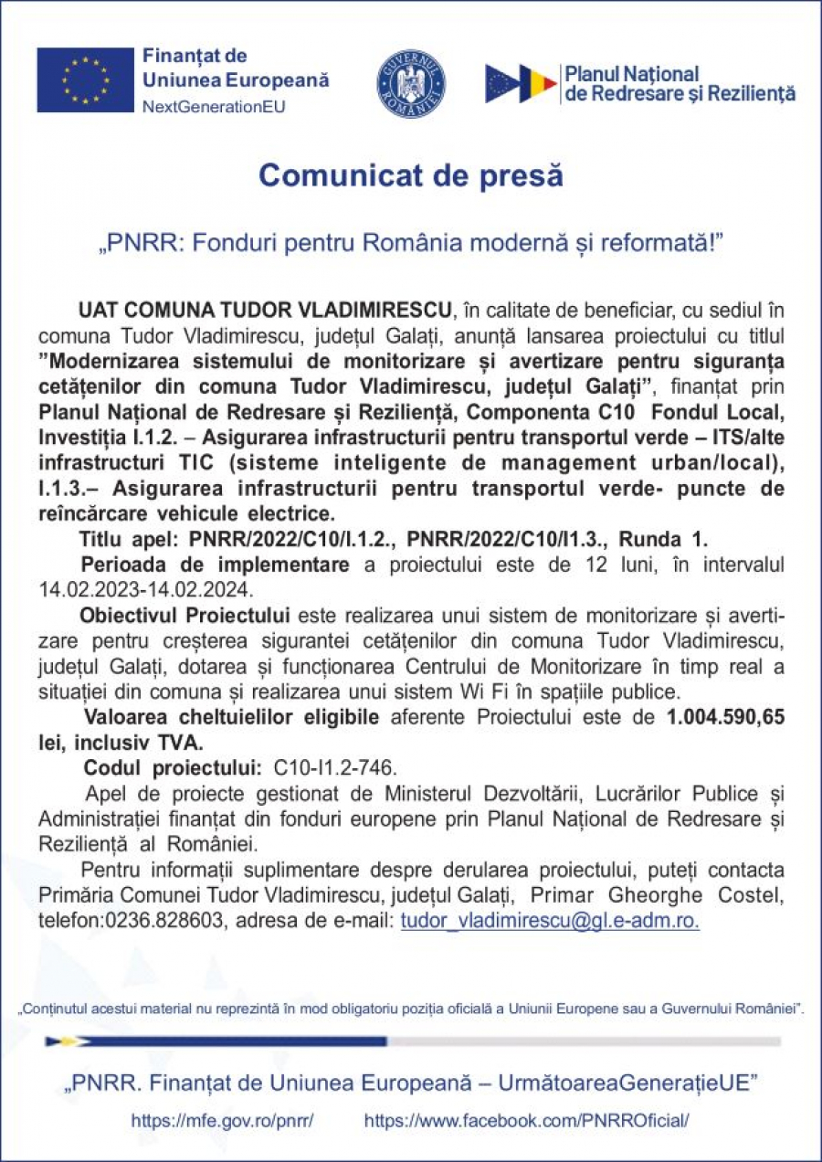 Modernizarea sistemului de monitorizare și avertizare pentru siguranța cetățenilor din comuna Tudor Vladimirescu