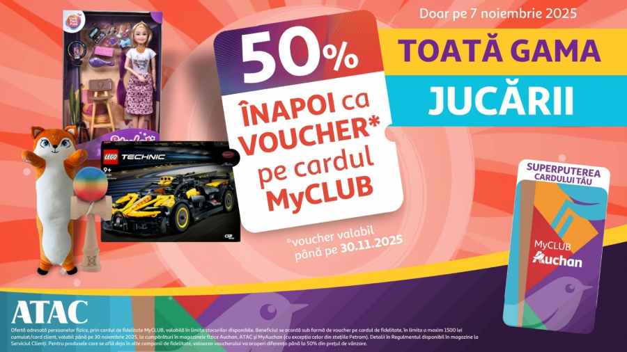 Pregătește din timp bucuria Sărbătorilor: ai 50% înapoi ca voucher la toată gama de jucării, exclusiv prin cardul de fidelitate, în magazinele ATAC